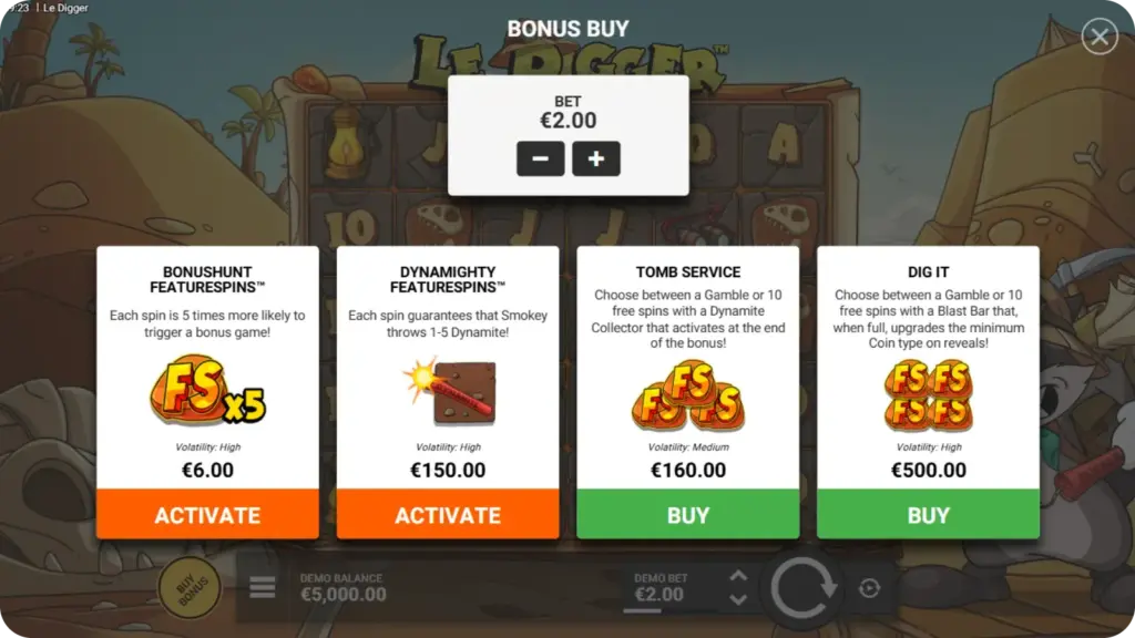 Le Digger meny för köp av bonus med olika FeatureSpins alternativ